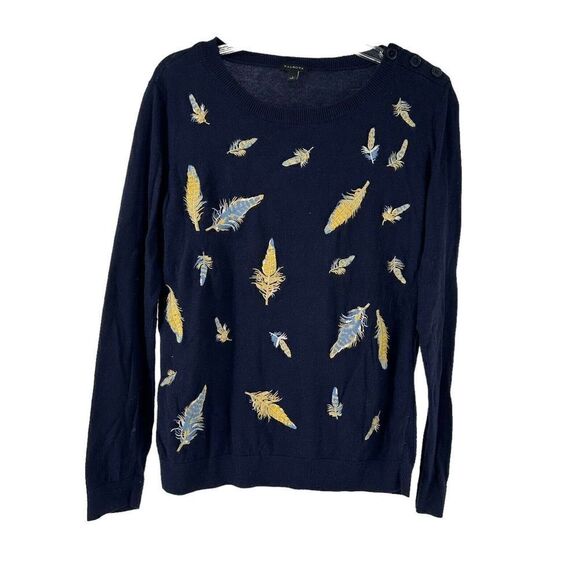 Talbots Sweater Size L Navy Blue Yellow Feather Embroidered Crew Neck Fun Preppy - Picture 1 of 7